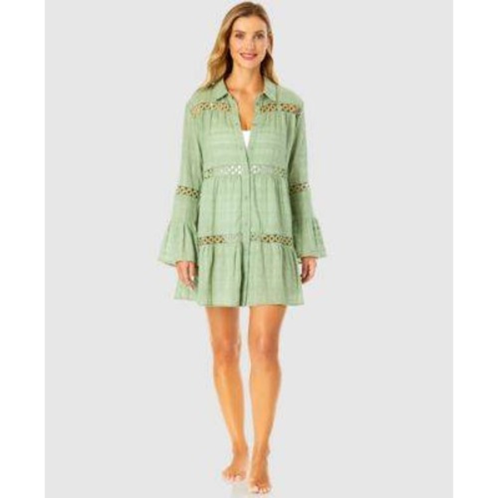 Ibiza Anne Cole Button Up Bell‎ Sleeve Crochet Trim Cover-Up Tunic XL Green NWT